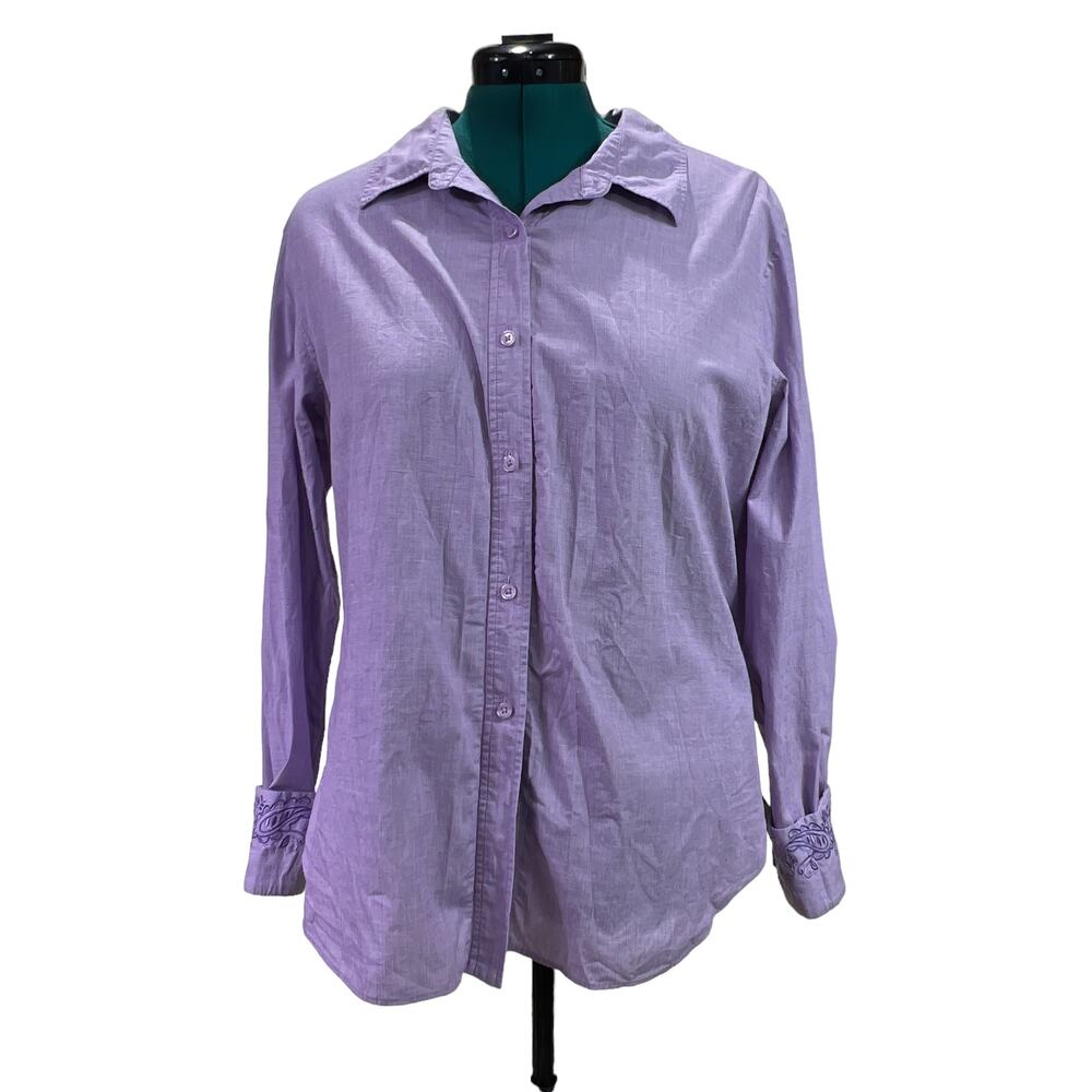 Coldwater Creek Button Up Shirt Embroidered Paisley Cuffs Size Large Purple